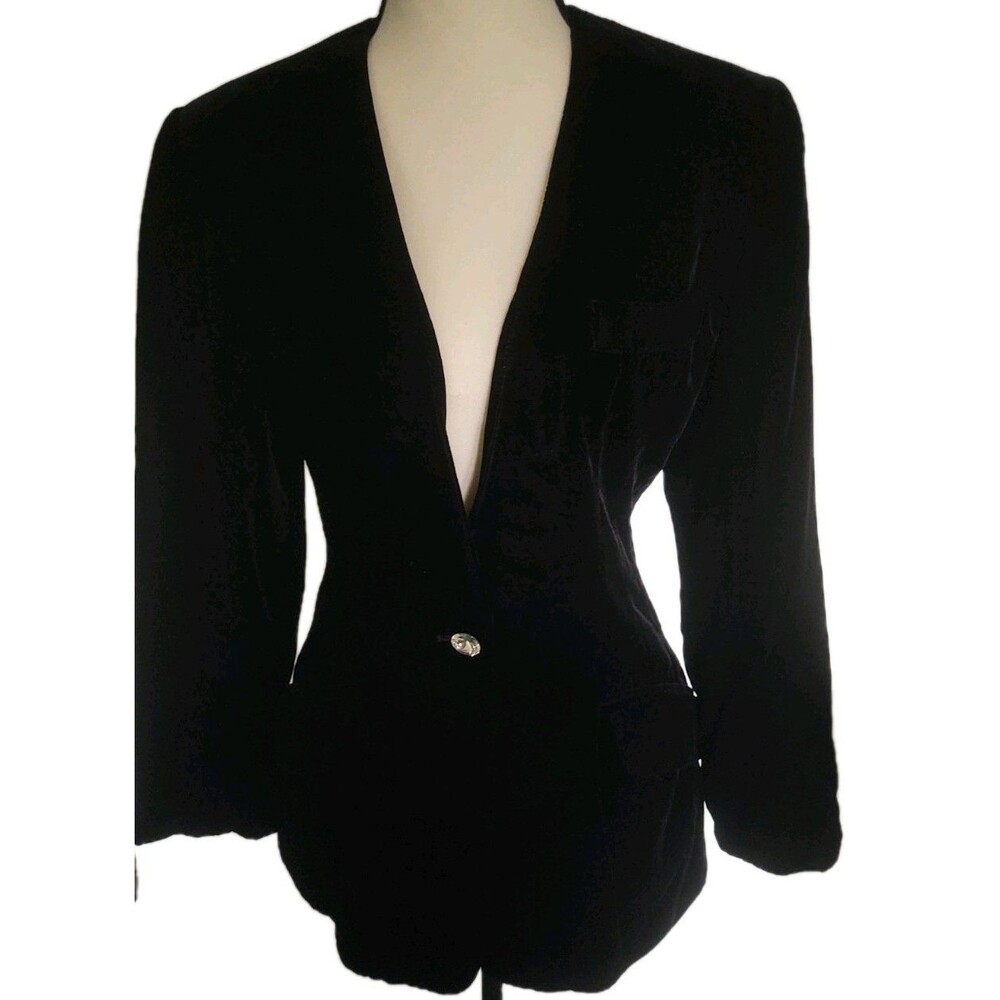 Anne Klein II Black Vintage Velvet Blazer Jacket Size 4 USA Pockets Slimming Fit